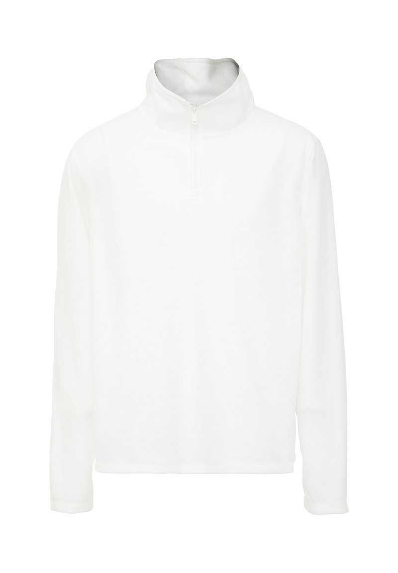 Weißer Pullover mit langen Ärmeln und Viertel-Reißverschlusskragen, aus weichem Material, mit entspannter Passform und minimalen Nähten für eine glatte Textur.