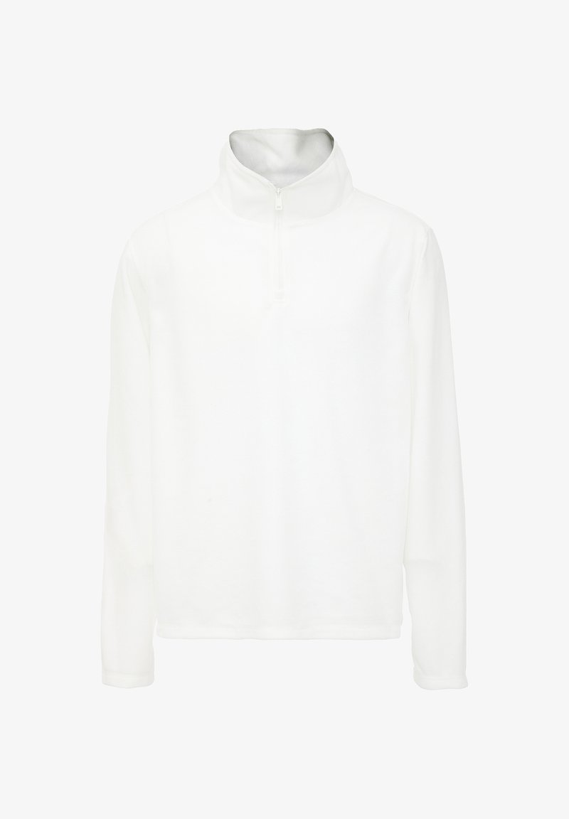 Pullover bianco a maniche lunghe con collo a zip a un quarto, realizzato in tessuto morbido, caratterizzato da una vestibilità comoda e cuciture minime per una superficie liscia.