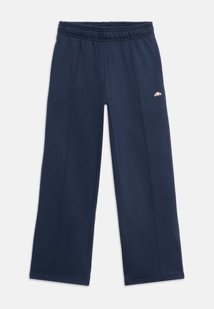 Marineblå vidbente joggebukser med elastisk midje og liten lys rosa halvsirkellogo på øvre venstre lår.