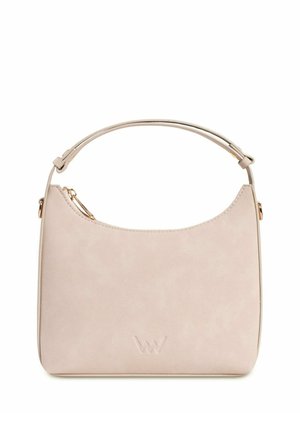 Light pink faux leather handbag with a rounded top, short handle, and a zippered closure. Features subtle logo embossing on the front.