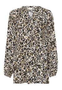 Blúzka s leopardím vzorom, výstrihom do V, dlhými rukávmi, z jemnej tkaniny a so zberanými detailami, v odtieňoch béžovej, čiernej a olivovo zelenej.