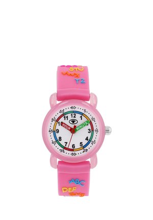 Pink children's analog watch with labeled hour and minute hands and colorful alphabet letters on the strap.