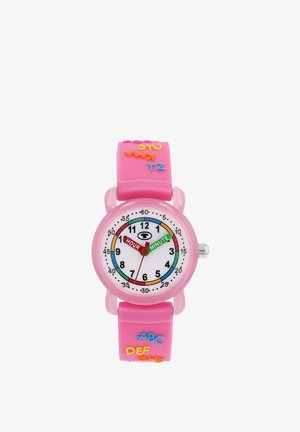Pinkfarbene analoge Kinderuhr mit beschrifteten Stunden- und Minutenzeigern und bunten Buchstaben des Alphabets auf dem Armband.
