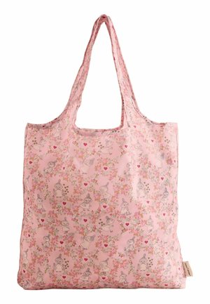 Borsa della spesa riutilizzabile rosa con motivi floreali e piccole illustrazioni di ragazze dei cartoni animati, con cuori sparsi in tutto il design.