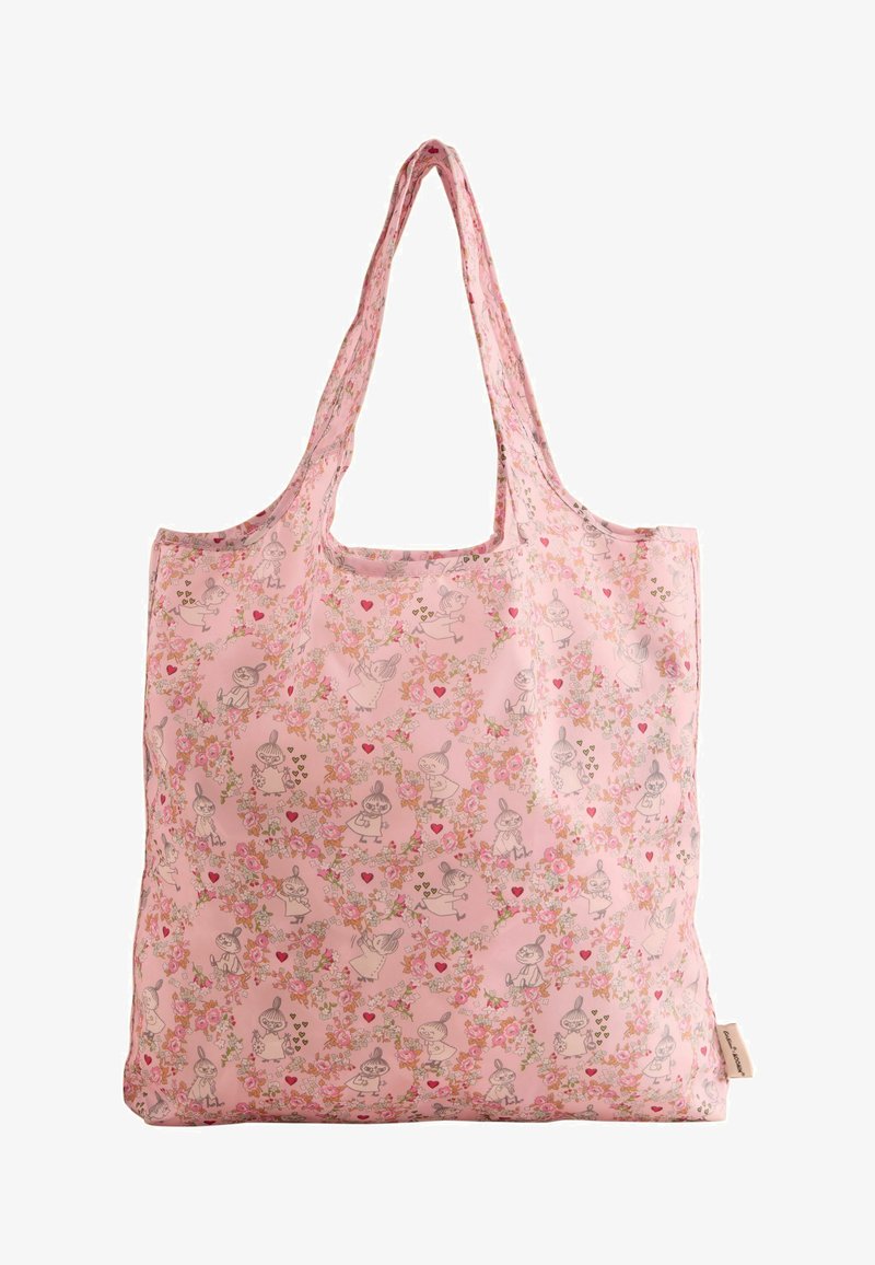 Roosa korduvkasutusega ostukott lillemuster ja väikeste koomiksitegelaste joonistustega, mille disainis on laiali puistatud südamed.