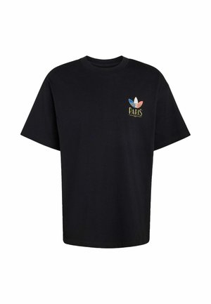 Black short-sleeve T-shirt with a small multicolored Adidas logo and "PARIS" text on the left chest side.