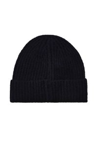 Berretto lavorato a maglia in blu navy scuro, con texture a coste e orlo arrotolato. Realizzato in tessuto morbido per calore e comfort.