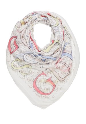 Lichtgekleurde sjaal met een geometrisch patroon en grote, kleurrijke letters in rood, geel, blauw en beige, gewikkeld in een losse spiraal.