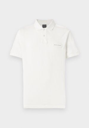 White Armani Exchange polo shirt with short sleeves, two-button placket, and a small logo patch on the left chest.