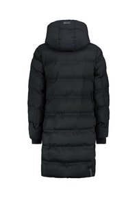 Schwarze Puffermantel mit Kapuze, mit einem gesteppten Design, langen Ärmeln und gerippten Bündchen. Glatte Textur mit einem Logolabel am Saum.