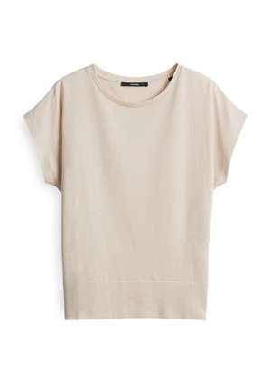 Korte mouwen beige top gemaakt van zachte, gestructureerde stof. Heeft een ronde halslijn en een ribbelsrand, met een ontspannen pasvorm.