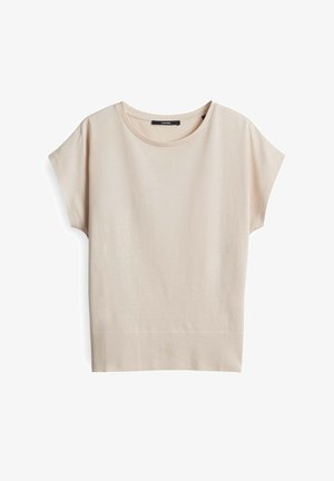 Korte mouwen beige top gemaakt van zachte, gestructureerde stof. Heeft een ronde halslijn en een ribbelsrand, met een ontspannen pasvorm.