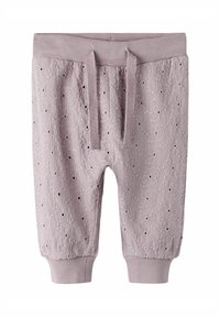 Pantalons en coton lilas clair avec un motif de fleurs à oeillets, taille élastique avec cordon de serrage et poignets côtelés.