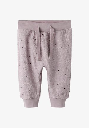 Svetlofialové bavlnené nohavice s kvetinovým vzorom z očiek, elastický pás so šnúrkou a ribbed konce nohavíc.