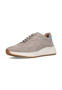 Gray suede sneaker with a white midsole and gum rubber outsole. Features gray laces and a light blue accent at the heel. Rounded shape.