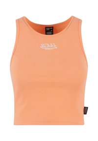 Lys oransje ribbestrikket crop topp med rund hals, som har en hvit brodert "Von Dutch" logo på brystet og en sidemerkeetikett.