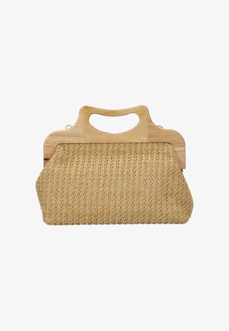 Geflochtene Strohtasche mit rechteckigem Holzgriff, der eine abgerundete rechteckige Aussparung zum Greifen aufweist.