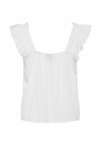 Top bianco senza maniche con spalline arricciate, tessuto arricciato sul busto e vestibilità ampia e fluida. Texture in cotone morbido.