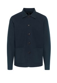 Jachetă bleumarin din bumbac, cu guler, închidere cu butoane și două buzunare frontale. Textură netedă, design minimalist.