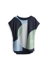 Blusa a maniche corte in navy, azzurro e verde. Presenta motivi circolari astratti e una vestibilità rilassata con scollatura rotonda.