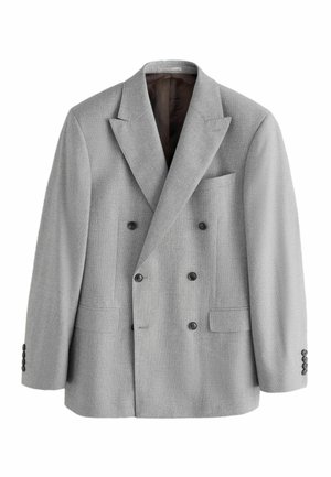 Double-breasted grey blazer with textured fabric, wide peaked lapels, two front pockets, and four-button accents on sleeves. Lined interior.