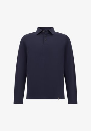 Mornarica dolgi rokav polo majica iz mehkega materiala z klasičnim ovratnikom, trojnim gumbom in majhnim logotipom pri robu.
