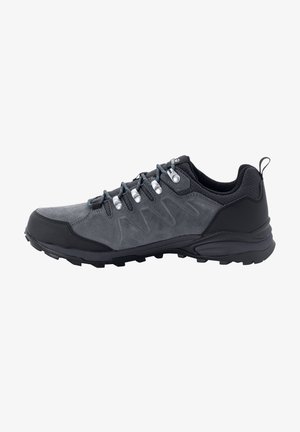 Men's hiking shoe in gray suede and black synthetic material. Features rounded toe, rugged rubber outsole, and metal lace eyelets.