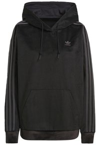 Svart hoodie i manchester med dragsko i huvan, framficka och tre vertikala ränder på varje ärm. Har en broderad logotyp.