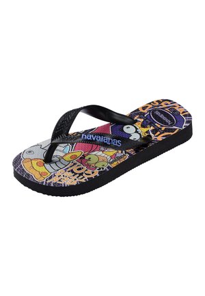 Infradito nero per bambini con stampa di personaggio dei cartoni sulla suola e logo "havaianas" sul cinturino.