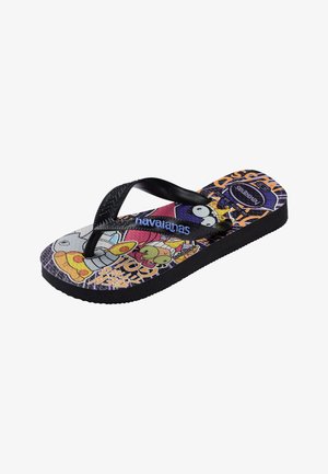 Kinderschwarze Flip-Flops mit Cartoon-Charakter-Aufdruck auf der Sohle und „havaianas“-Logo auf dem Riemen.