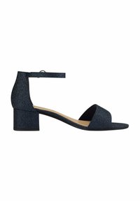 Blaue Glitzer-Sandalen mit offenem Zehenbereich, einem Knöchelriemen und einem Blockabsatz. Glatte Textur mit metallischem Glanz.