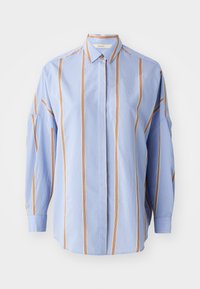 Light blue shirt with vertical stripes in orange and white. Features a button-down collar, long sleeves, and a relaxed fit. Cotton material.