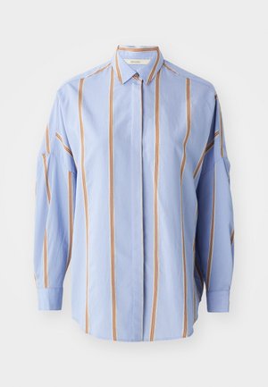 Light blue shirt with vertical stripes in orange and white. Features a button-down collar, long sleeves, and a relaxed fit. Cotton material.