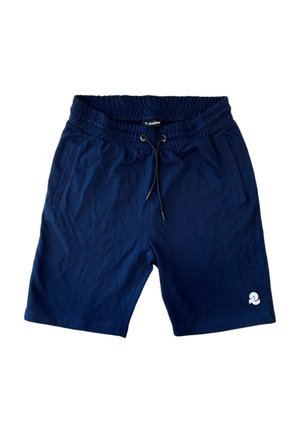 Pantaloni corti blu navy realizzati in morbido cotone misto, con cintura regolabile con cordoncino, due tasche laterali e un piccolo logo bianco sul lato sinistro in basso.