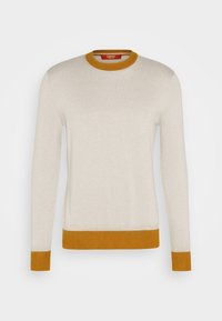 Pull couleur crème à manches longues, col rond moutarde et poignets assortis. Tissu doux, coupe ajustée, sans motifs ni accessoires visibles.