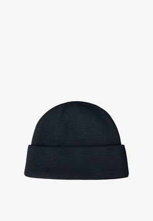 Bonnet en maille bleu marine porté avec un pull zippé assorti présentant un nervurage texturé et des manches surdimensionnées. Tissu lisse et épais.