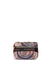 Borsa cosmetica in tessuto testurizzato con motivi circolari in diverse sfumature di beige, viola e rosso. Chiusura con zip e brand "GATINONI" in nero.