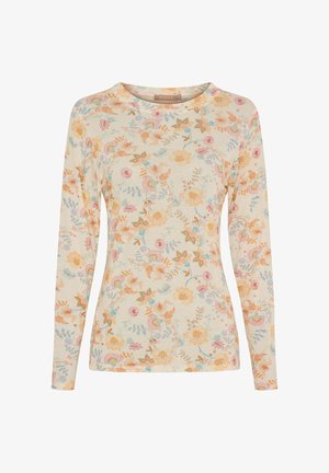 Langærmet, cremefarvet skjorte med rund hals, der har et fint pastelblomstermønster i gule, lyserøde, blå og orange toner.