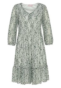 Robe verte et blanche à motifs avec un décolleté en V, des manches trois quarts et un ourlet volanté, fabriquée à partir d'un tissu léger au toucher fluide.