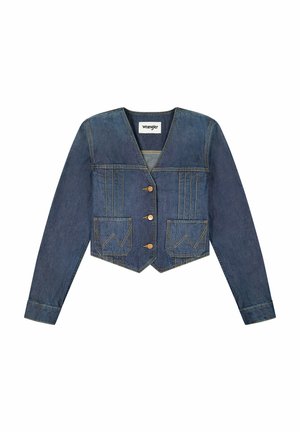 Denim Wrangler -takki, jossa pitkät hihat, V-kaula-aukko, kolme etunappia, kaksi etutaskua ommellulla "W"-kuviolla ja kärkiluinen helma.
