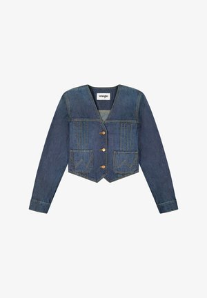 Giacca Wrangler in denim con maniche lunghe, scollo a V, tre bottoni anteriori, due tasche frontali con design "W" ricamato e orlo a punta.