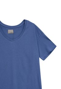 Niebieska bawełniana koszulka z dekoltem w serek i krótkimi rękawami. Charakteryzuje się gładką teksturą i minimalistycznym wzornictwem. Metka umieszczona wewnątrz dekoltu.