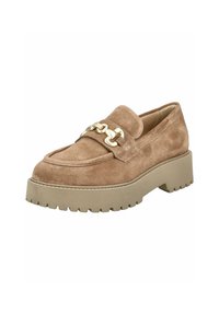 Mocassins en daim marron avec une semelle en caoutchouc épaisse, ornés d'une chaîne dorée sur le devant et d'un design à bout rond.