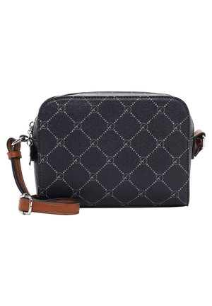 Sac bandoulière compact bleu foncé avec une sangle réglable marron et une boucle argentée, présentant un motif géométrique subtil avec des logos circulaires.