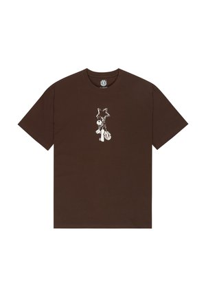 Braunes Baumwoll-T-Shirt mit einem grafischen Aufdruck eines Charakters mit sternförmigem Kopf. Kurzärmlig und mit Rundhalsausschnitt gestaltet.