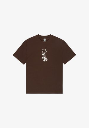 Braunes Baumwoll-T-Shirt mit einem grafischen Aufdruck eines Charakters mit sternförmigem Kopf. Kurzärmlig und mit Rundhalsausschnitt gestaltet.