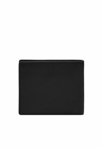 Portefeuille en cuir noir avec une finition texturée, de forme rectangulaire, et un subtil détail de couture le long des bords. Aucune quincaillerie ou motifs visibles.