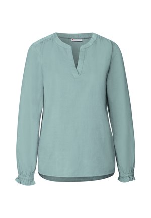Mint green long-sleeved blouse with a V-neck, gathered shoulders, and elastic cuffs. Smooth texture, lightweight fabric. No visible patterns.