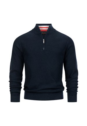 Pull en tricot côtelé à fermeture éclair quart zippé de couleur marine, avec une fermeture éclaire argentée et un détail de col intérieur rayé.