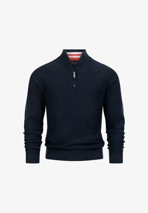 Marineblauer Pullover mit Viertel-Reißverschluss, gefertigt aus gerippter Strickware, mit silbernem Reißverschluss und gestreiftem Innenkragen.
